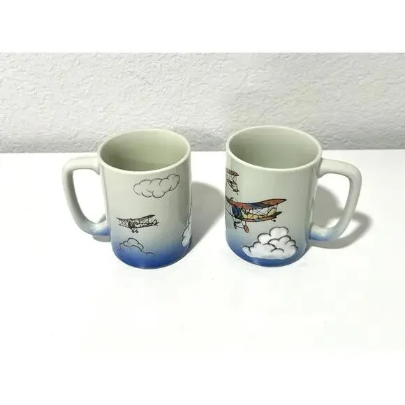 Vintage Otagiri Coffee Mugs Ceramic Biplane Design Clouds Collectible Set of 2 - Picture 8 of 9